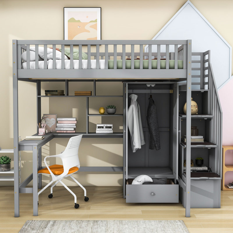  Lit mezzanine en bois avec tiroirs, bureau, armoire et tablettes de rangement Kuster, gris, Double