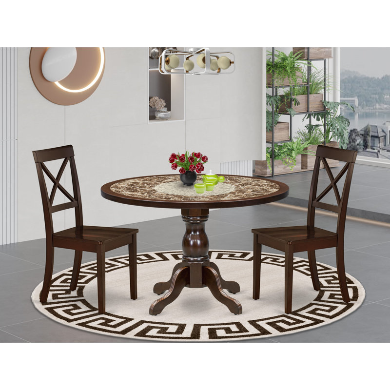L'ensemble de salle à manger 3 pièces Mid-Century comprend une table de salle à manger avec plateau de table en marbre de sable ondulé et 2 chaises en bois, acajou