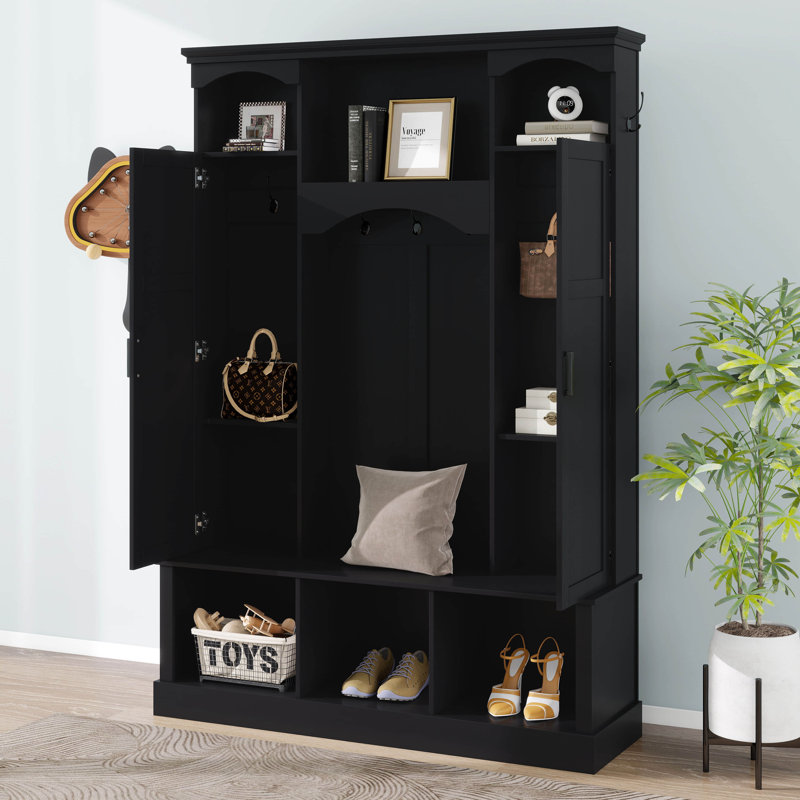 All-In-One Hall Tree With Adjustable Shelves, Arched Storage Bench With Dual Side Cabinets, Entryway Organizer With 7 Hooks