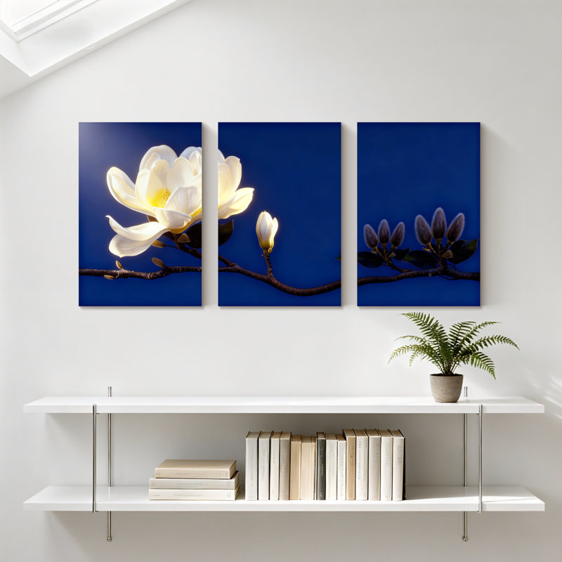 Magnolia blanc sur fond bleu, ensemble de 3 impressions d'art sur toile, H 30 po x l 60 po