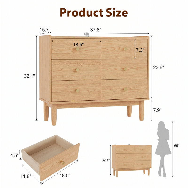 Six Drawer Solid Fir Wood Dresser with Large Storage Cabinet Mid Century Style Chest of Drawers for Bedroom Closet Living Room Kitchen Sideboard