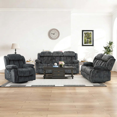 3-Piece Modern Skin-Friendly Microfiber Manual Living Room Set With Massage Heated Recliner & Manual Loveseat & Sofa