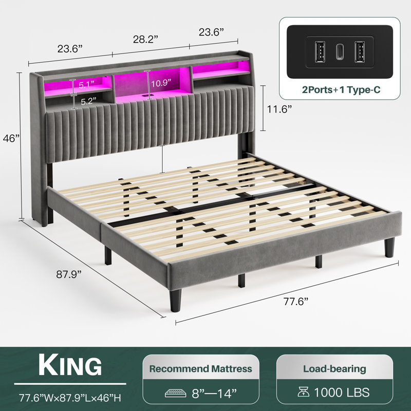 Upholstered Platform Bed With Storage Headboard, Led Lights & Charging Station, Gray, King