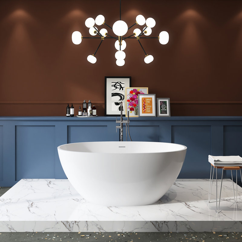 55 Inch Freestanding Solid Surface Soaking Bathtub, Matte White