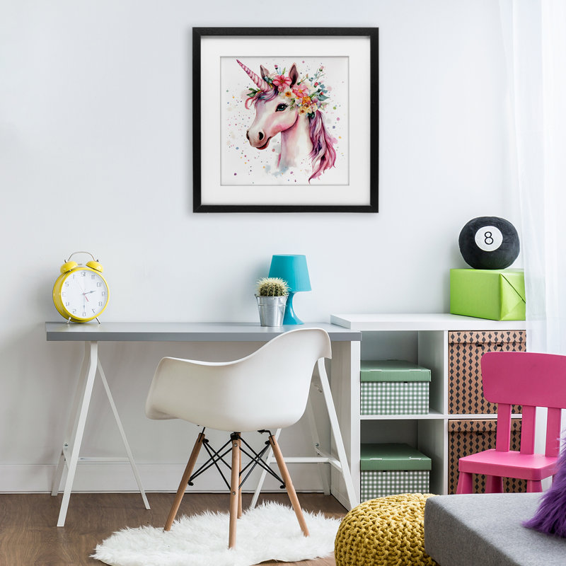 «Majestic Unicorn Modern Splatter», reproduction encadrée sous verre, design by Creative Studio, Cadre noir minuit