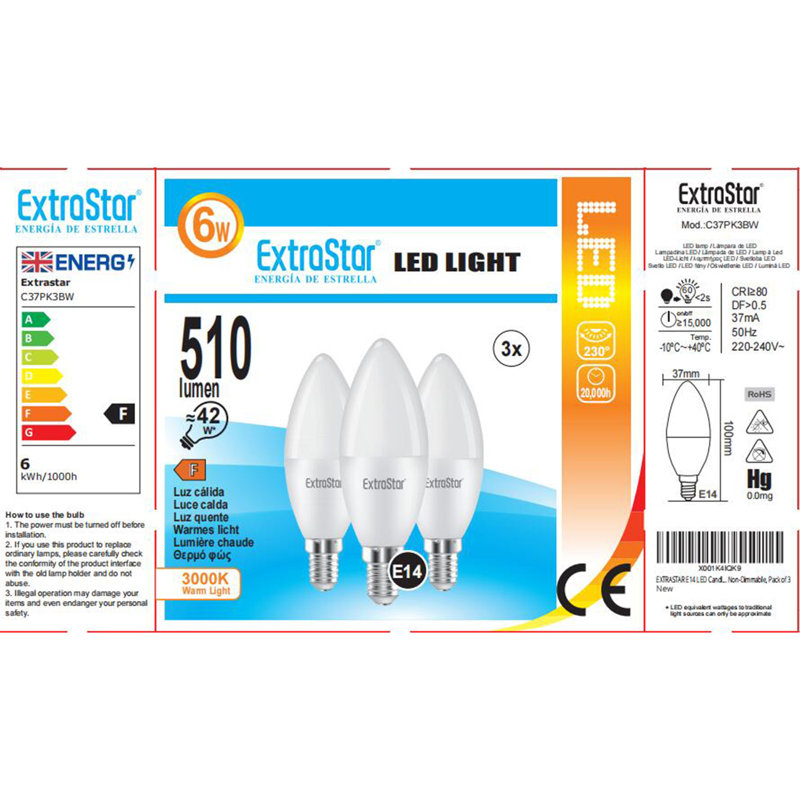 3-Pack 6W E14 LED Light Bulbs,3000K