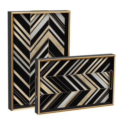 Savoy Black & Gold Art Deco Stackable Serving & Display Trays Set Of 2 (Abstract Chevrons)