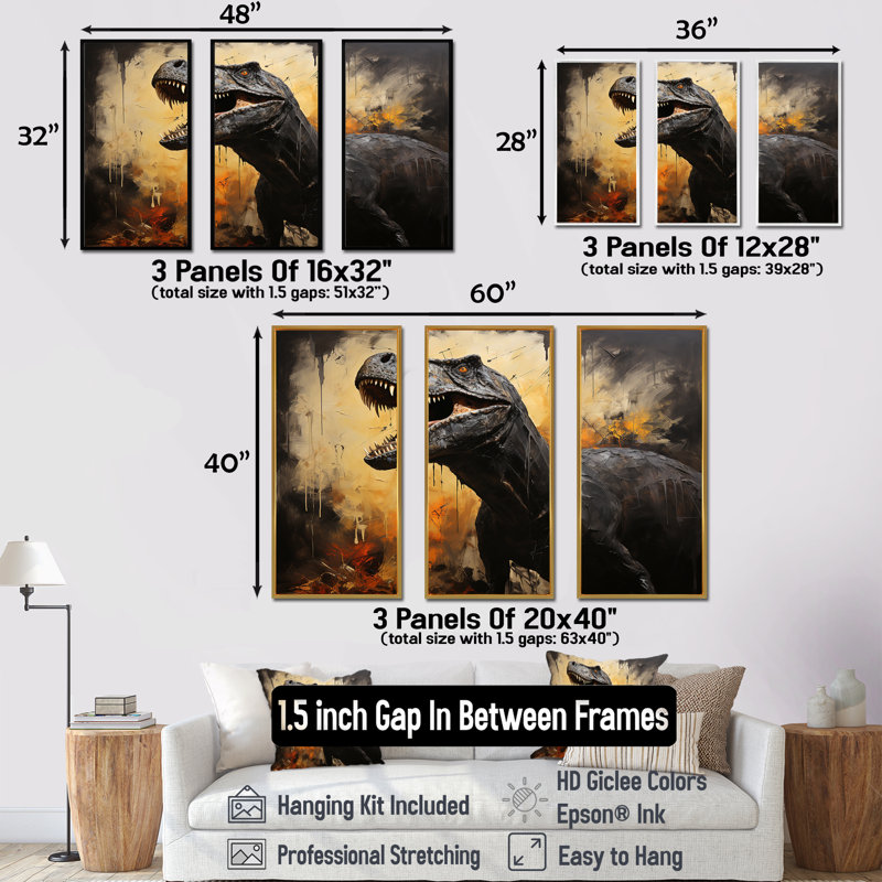 Art mural rétro, dessin de dinosaures II, Cadre flottant noir, H 28 po x l 36 po