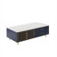 Table basse rectangulaire bleu foncé avec rangement en verre, 4 tiroirs, pieds dorés et éclairage multicolore pour le salon