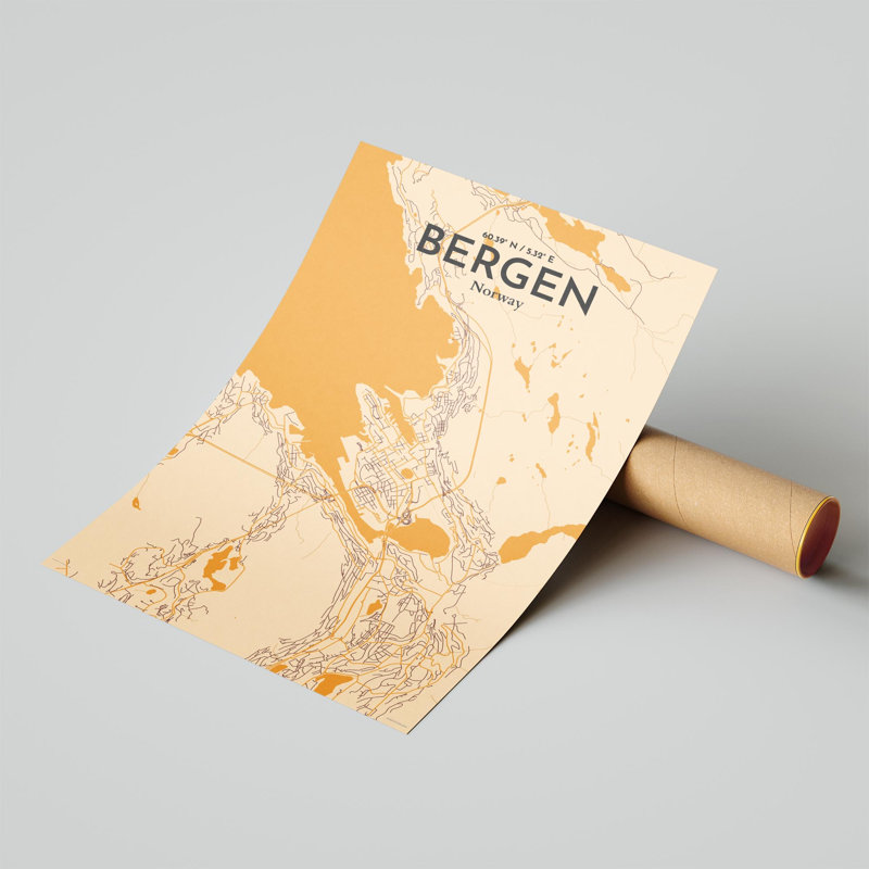 Bergen City Map, impression, H 17 po x l 11 po, Orange / or pâle