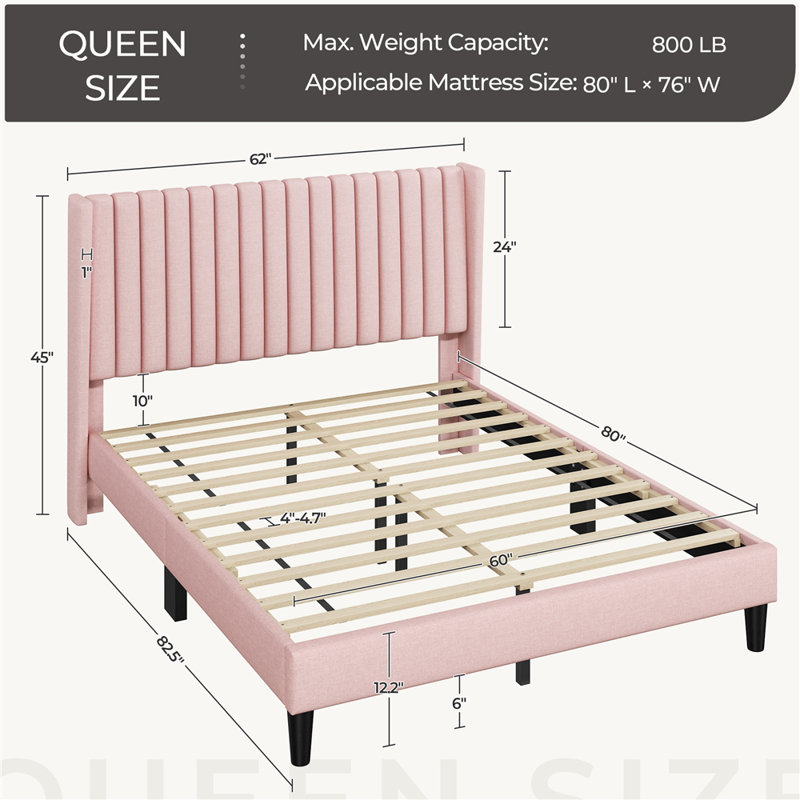 Upholstered Panel Bed, Queen, Pink