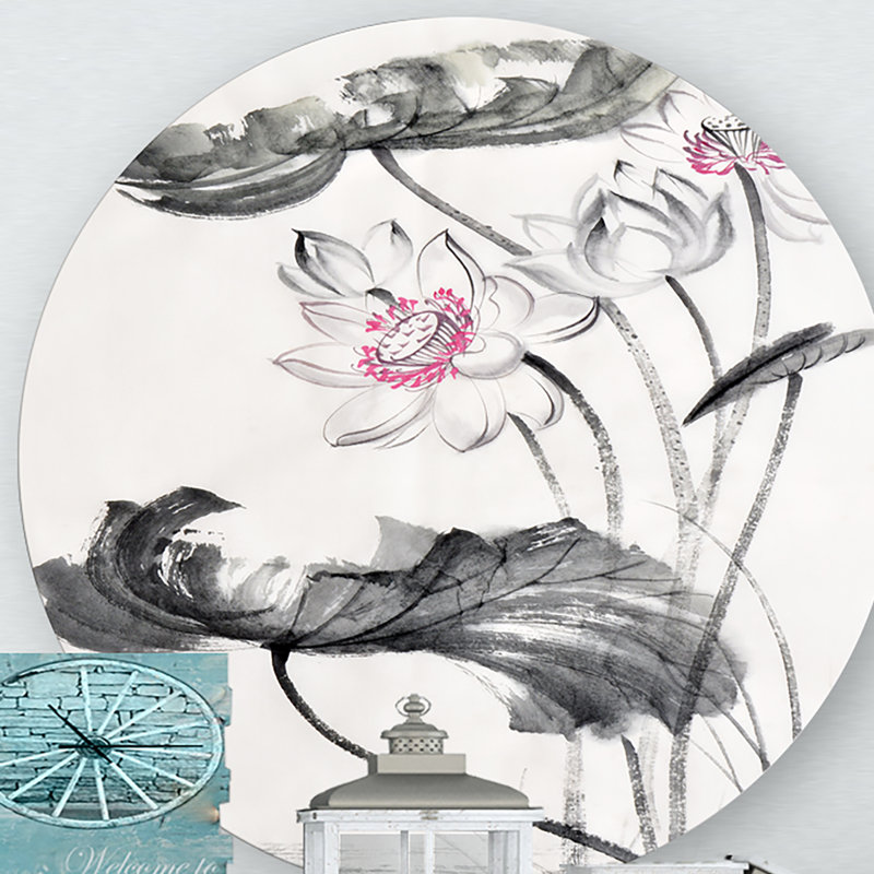 Fleurs de lotus rétro - cercle traditionnel en métal, art mural, H 36 po x l 36 po x P 1 po