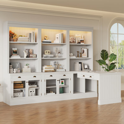 Suite de 83,4 po de hauteur pour 2 bibliothèques et 1 bureau d'écriture, ensemble de bibliothèque moderne avec éclairage à DEL, tiroirs, portes en verre, bureau d'étude et tablettes ouvertes, ensemble de 3 étagères de rangement pour le salon, le b