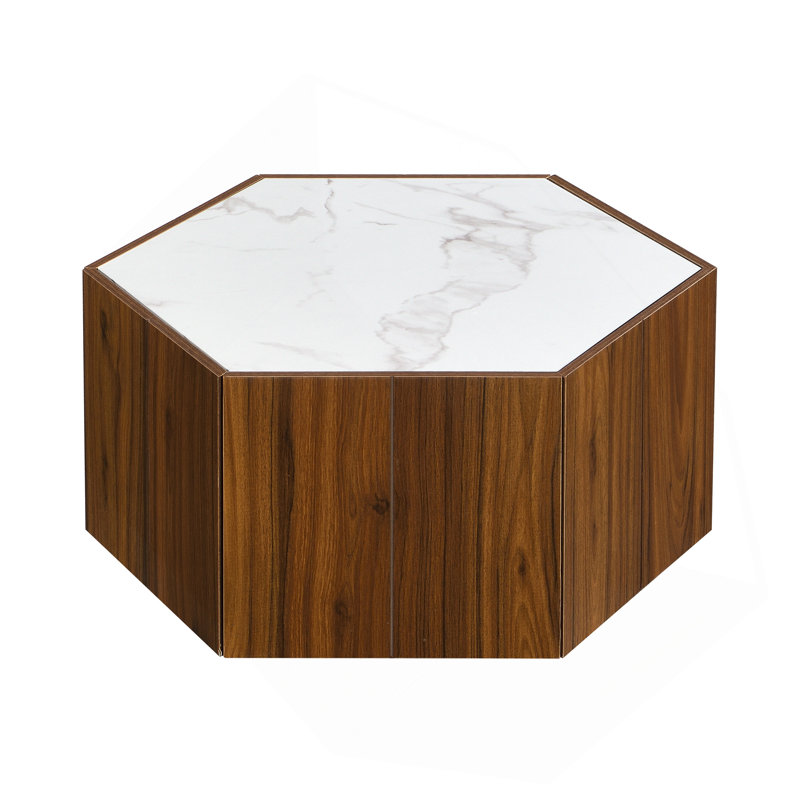 Table basse Hexagonal Rustic, Blanc, Noyer