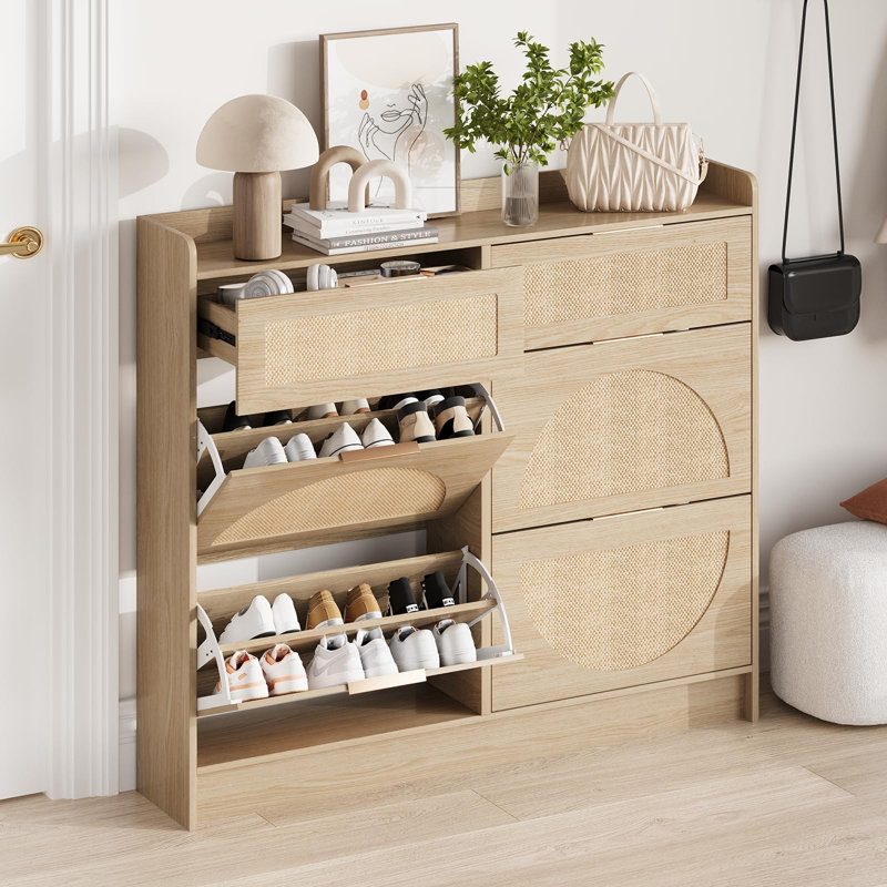 Spacious Rattan Shoe Storage Cabinet - 4 Turn Over Drawers & 2 Small Drawers - Narrow Freestanding Entryway Organizer with Adjustable Shelves & Metal Handles - Wood Color