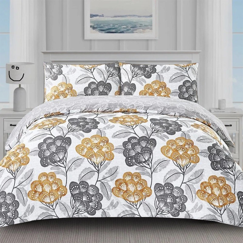 New Stylish Modern Printed Cotton Rich Duvet Quilt Cover Bedding Set With Pillow Case, Bloom Ochre