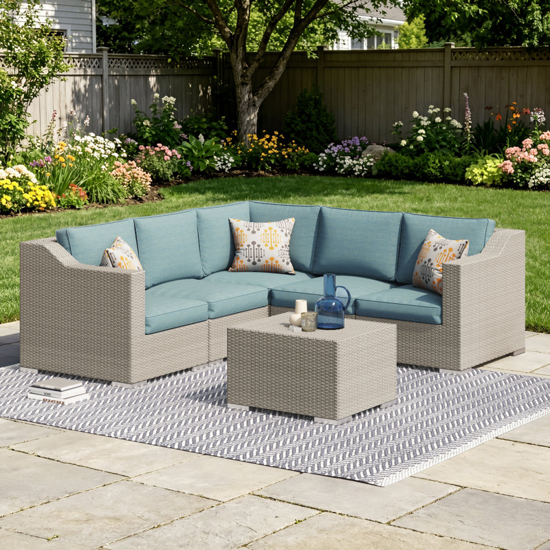 Ensemble de conversation modulaire en osier / rotin pour 5 personnes avec coussins et coussins Baecher (entièrement assemblé)