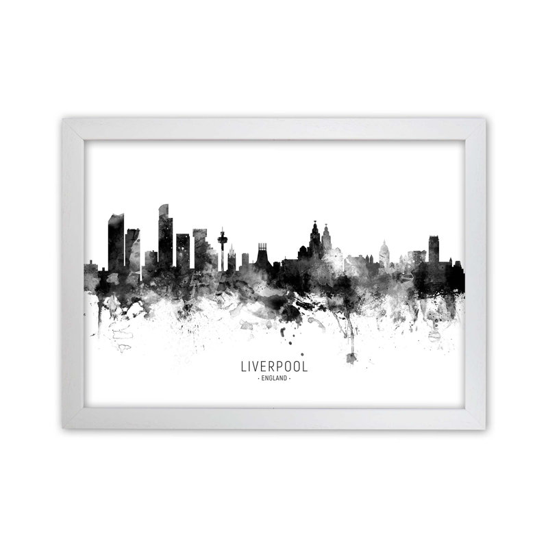 Liverpool England Skyline Black White City Name by Michael Tompsett - Print, 64cm H x 88cm W x 3cm D, White Framed