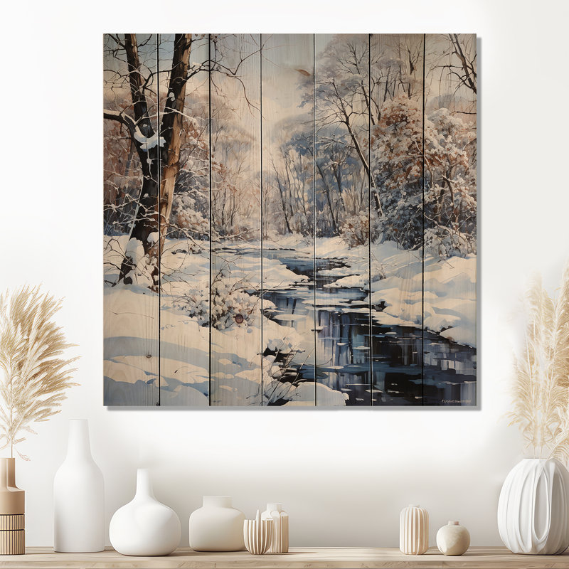 Paysage de neige enneigé - Art sur bois de pin naturel, H 30 po x l 30 po