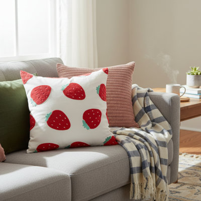 Cotton Embroidered Square Cushion Big Strawberries