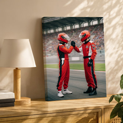 Toile, deux chauffeurs de voiture de course en costume de course rouge vif, art mural orné du logo du commanditaire, face à face dans une fête