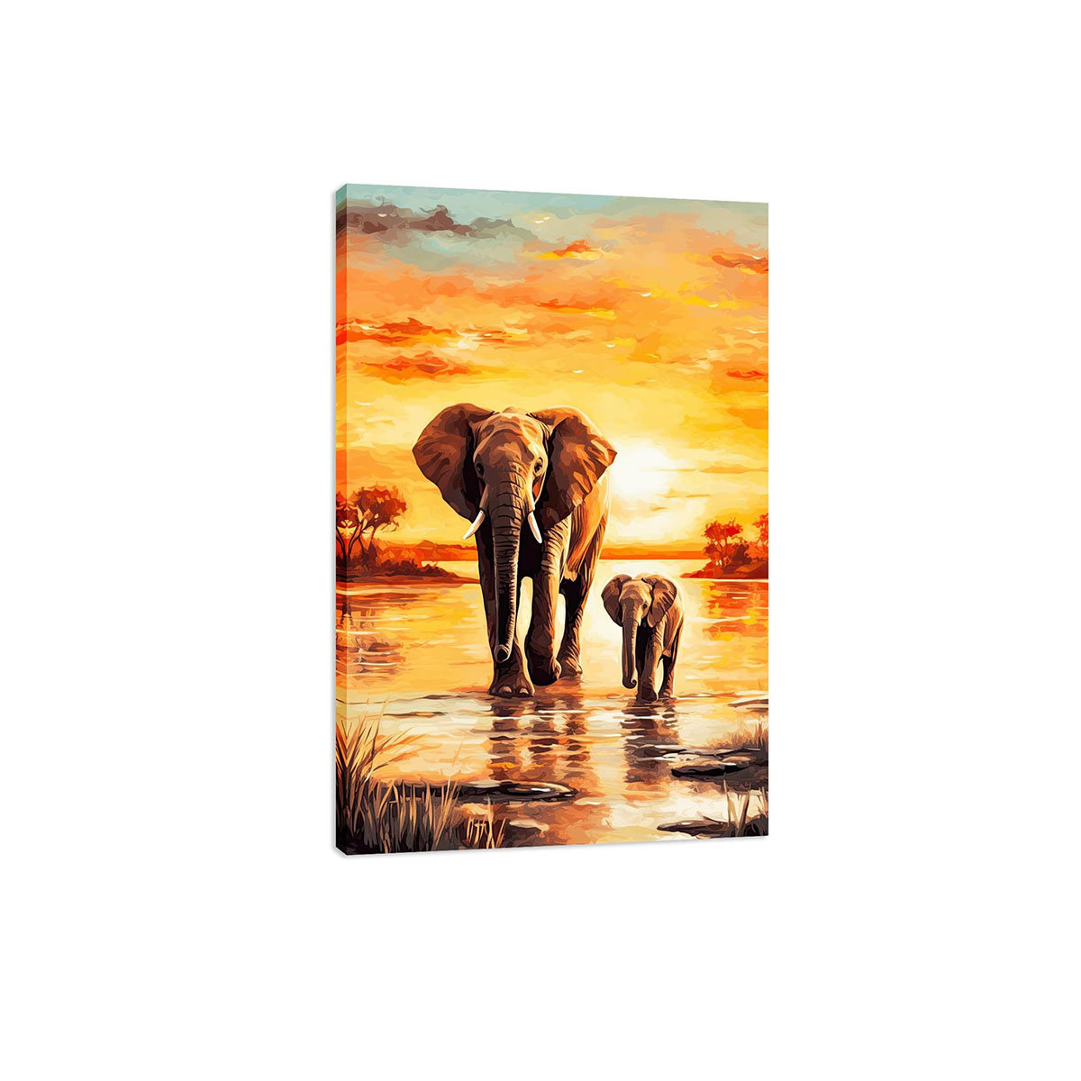 Natur Pur Elephant Canvas Wall Art, Elephants At Sunset Oil Painting ...