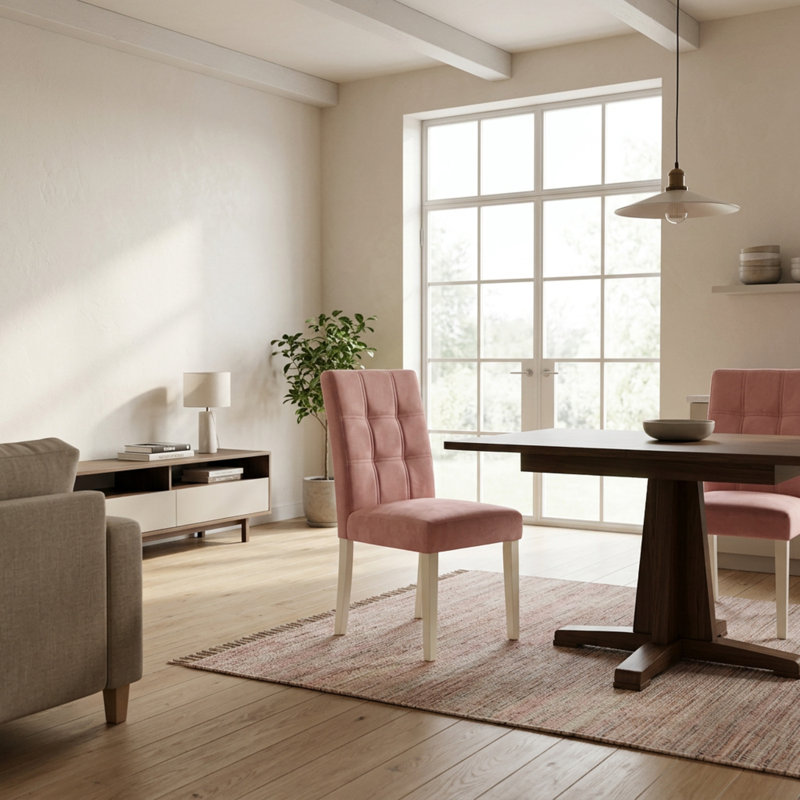 Ensemble de salle à manger rond 3 pièces avec pied central et 2 chaises, coloris lin, blanc, beige, rouge, bois d'hévéa et similicuir.