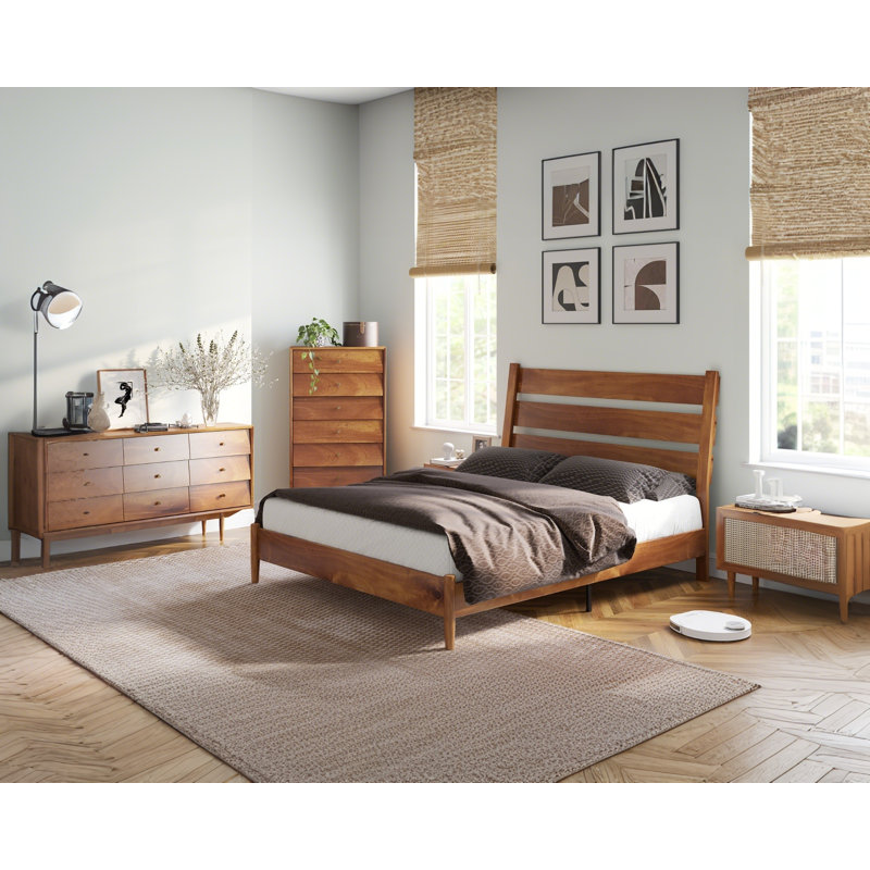 Full Size Light Brown Pine Wood Bed Frame with Slatted Headboard