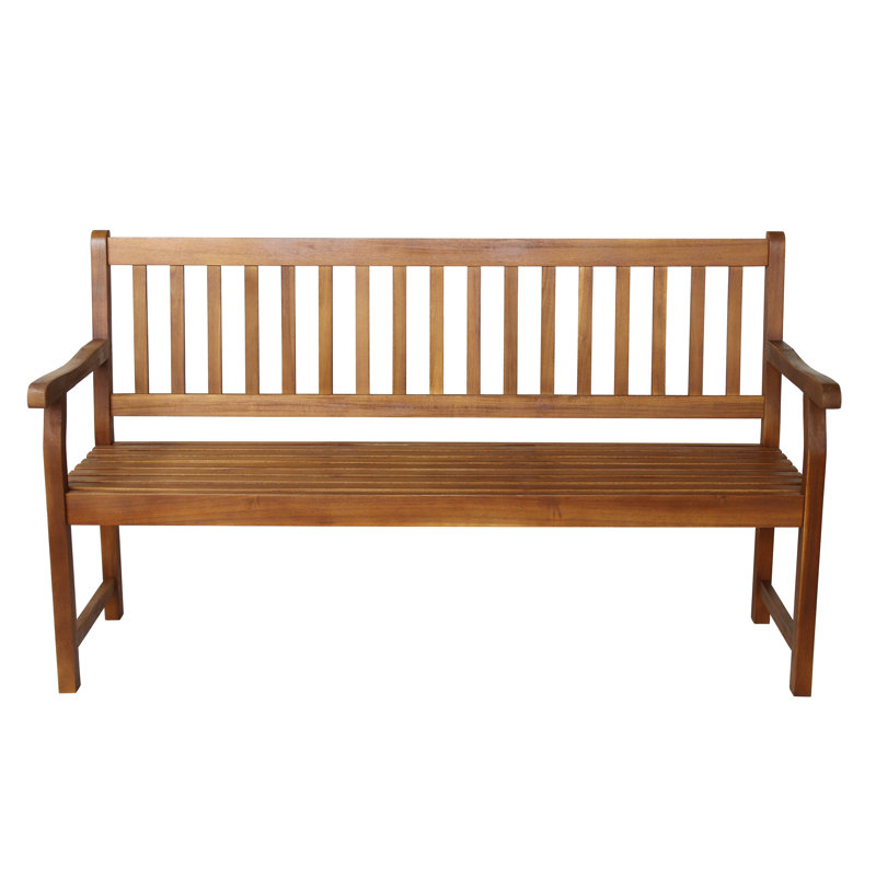Laurel 59" Classic Slatted Acacia Wood Indoor/Outdoor Patio Garden Bench with Armrests in Teak Finish for Porch, Deck and Entryway