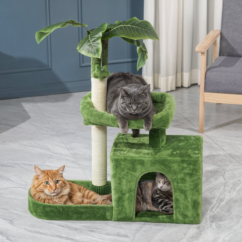 32" Green Cat Tree Tower with Leaf Design and Perch