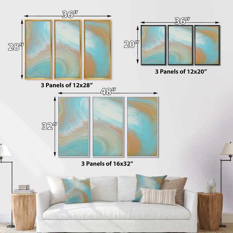 Turquoise doré et marbre bleu - ensemble d'art mural sur toile Glam, H 32 po x l 48 po x P 1 po, Cadre blanc