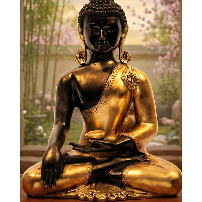Statue de Bouddha en laiton fait à la main 19 pouces Bhumisparsha Mudra noir et doré pour l'autel et la méditation