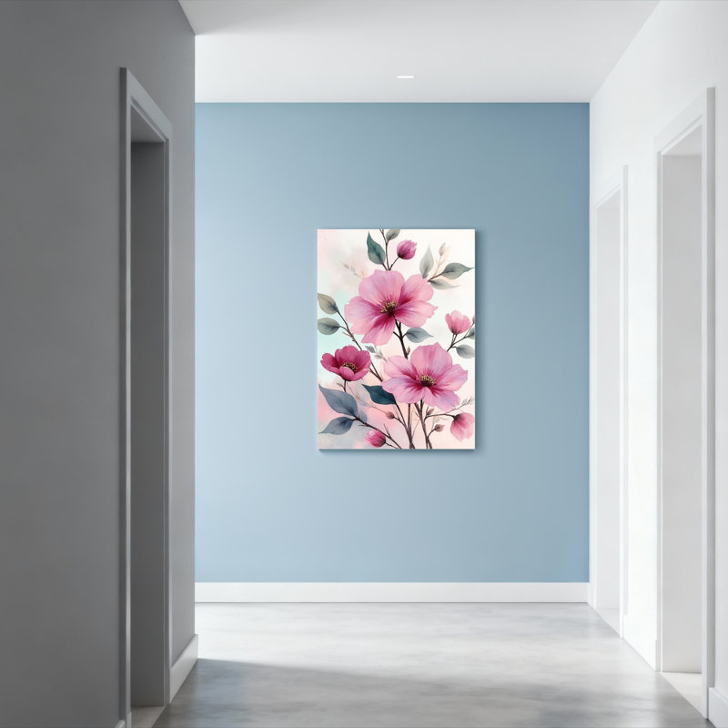 Ensemble de 1 tableau mural en toile à motif floral rose aquarelle, H 24 po x l 16 po