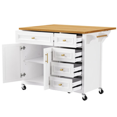 White Kitchen Storage Island With Drop Leaf. Detail, Spice Rack, Towel 2 Doors, 5 Drawers, Adjustable Shelf For Chic Modern Luxury Coastal Functionality Mobile Texture,