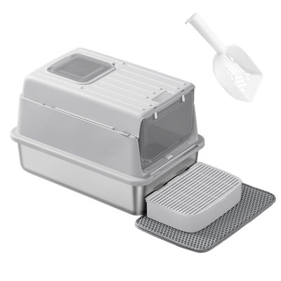 Stainless Steel Cat Litter Box With Flip Lid, Litter Catcher Mat And Box, 2 Doors, Scoop, For Cats Up To 33 Lb