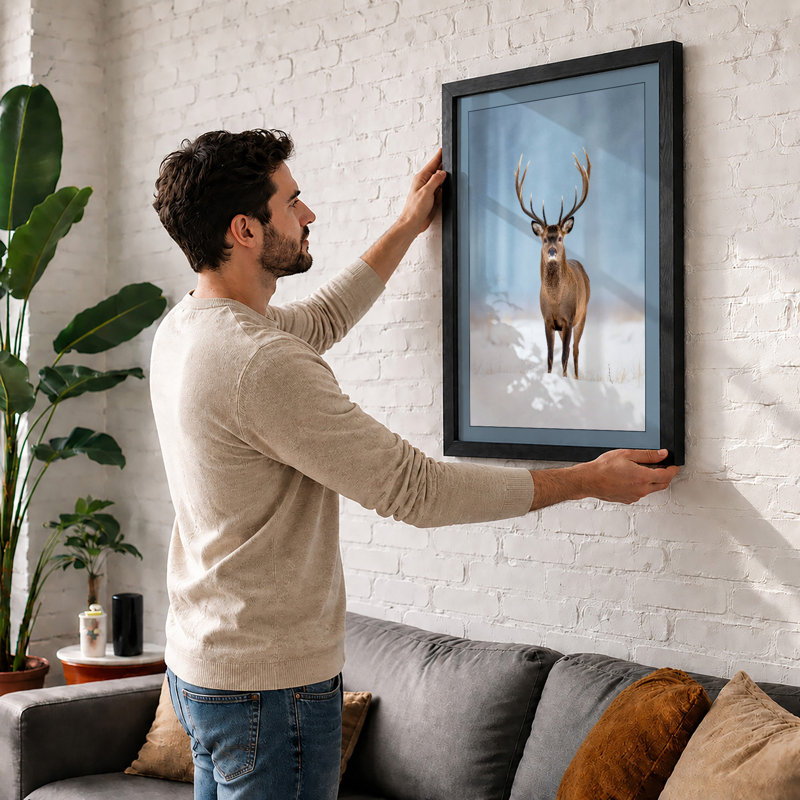 Deer in Winter Scandinavian - Framed Print, Black, A4 - 29.7 x 21.0 cm