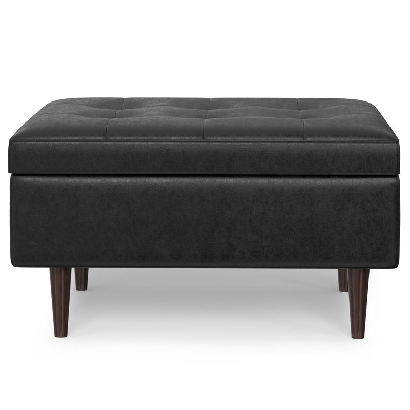 Shay 34"W Upholstered Coffee Table Storage Ottoman with Lift Top and Tufted Detailing, Black Faux Leather