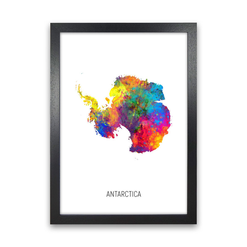Antarctica Watercolour Map by Michael Tompsett - Print, 46cm H x 34cm W x 3cm D, Black Framed