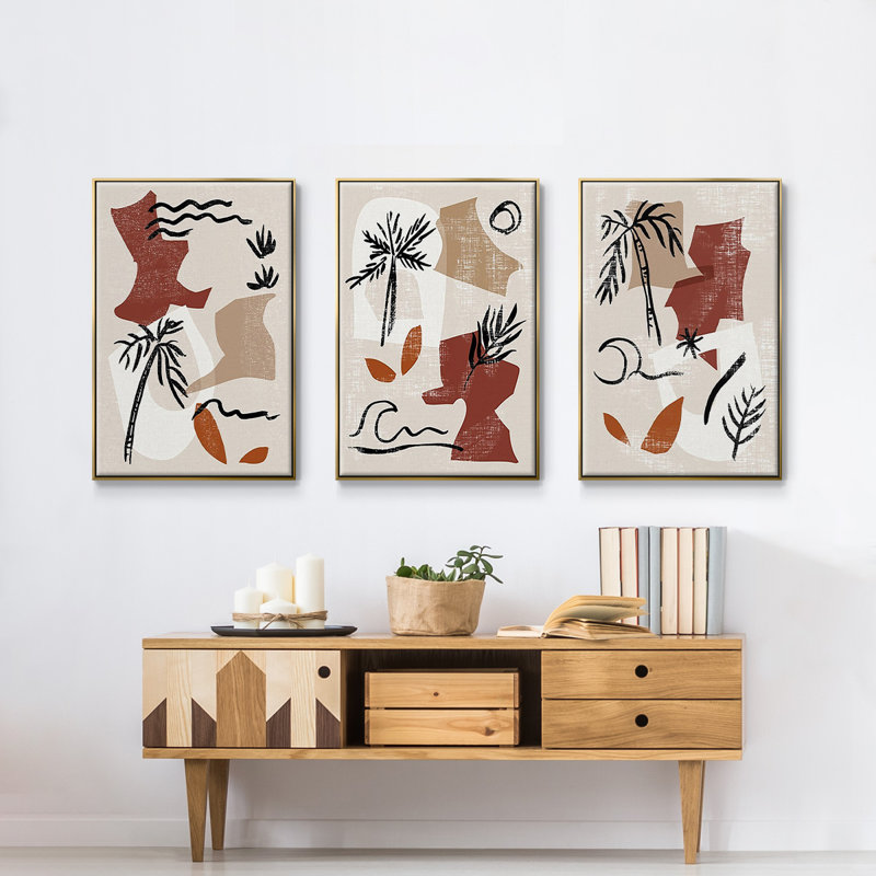 «Soft Palms I», reproduction sur toile 3 pièces, Encadrement doré, H 27 po x l 54 po x P 2 po