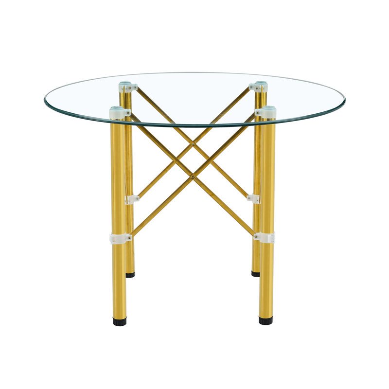 Elegant Transparent Round Glass Table -36 Inch Diameter Transparent Round Tempered Glass With Golden Metal Legs. Telescopic Metal Legs,Transparent Circular Glass Tabletop, Suction Cup Connection.