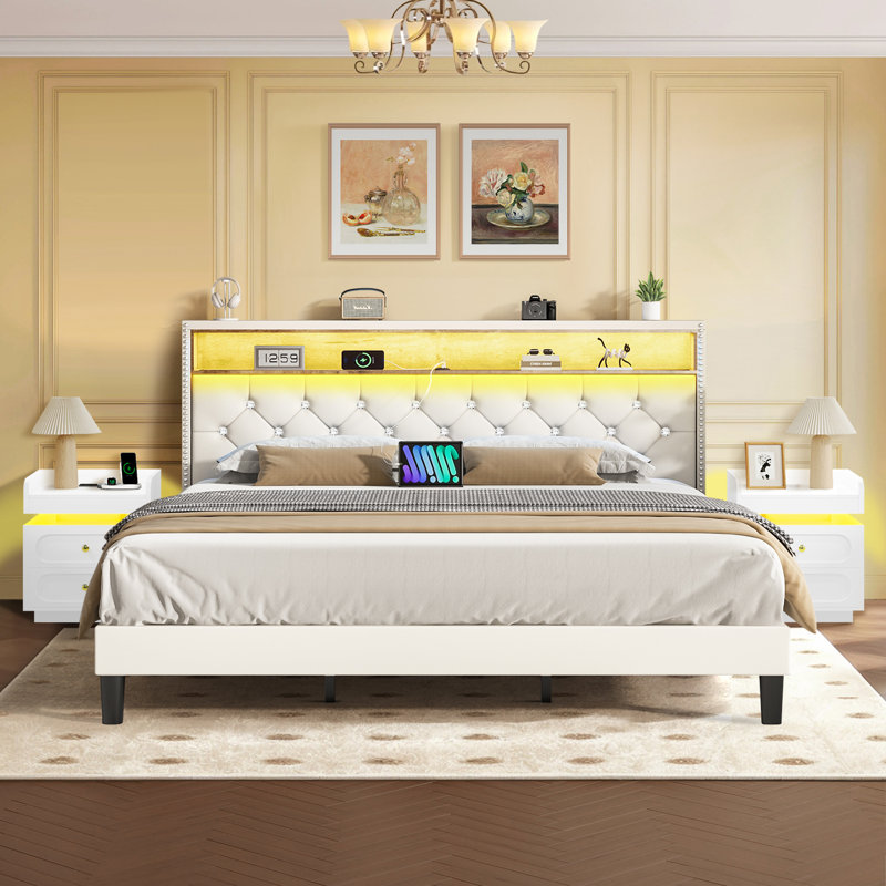 Lit plateforme avec tête de lit et lumières DEL, équipé d'une table de bout moderne pour l'ensemble de chambre à coucher 9
