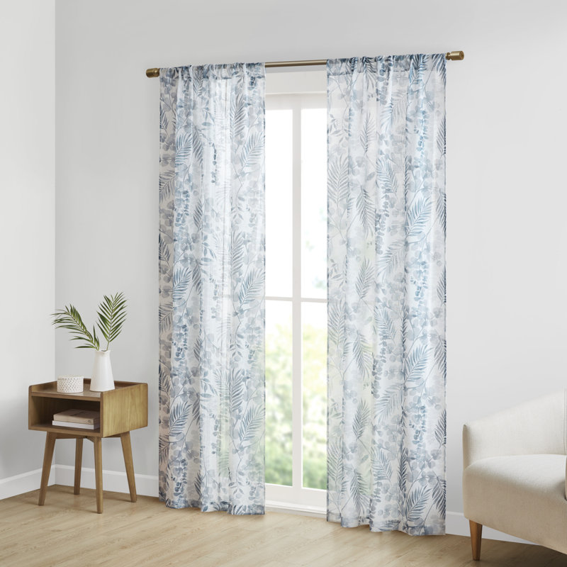  Paire de fenêtres transparentes à motif botanique, Bleu, L 37 po x L 95 po