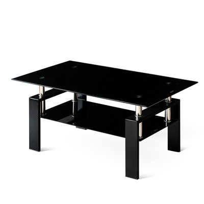 2 Tempered Glass Coffee Table, Modern Design For Homes, 40.49''x24.27''x17.72'', Smooth Surface, Effortless Assembly Afforded Black 2-layer Fashionable Option Living Areas, Transparent Easy