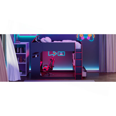 Lit mezzanine double en bois avec bureau à hauteur réglable, tiroirs, compartiments de rangement, tringle à suspension et lumières RVB, rouge