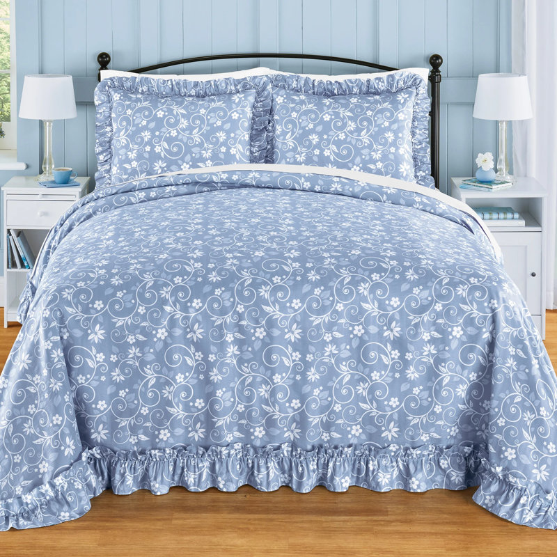 Lightweight Floral Scroll Plissé Bedspread, Blue, Queen Bedspread