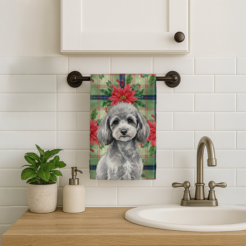 Toy Silver Poodle Christmas PoinsettIas Kitchen Towel, Toy Silver Poodle