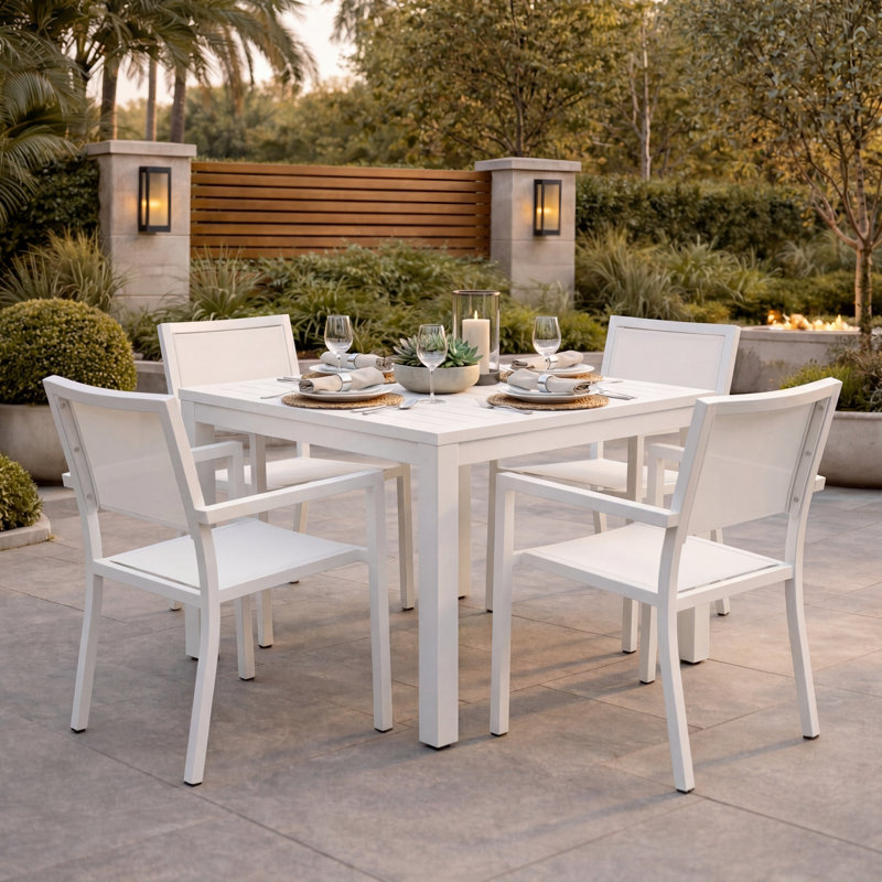 Table de salle à manger en aluminium thermolaqué Poinsettia, Blanc satiné, H 29 po x l 36 po x P 36 po