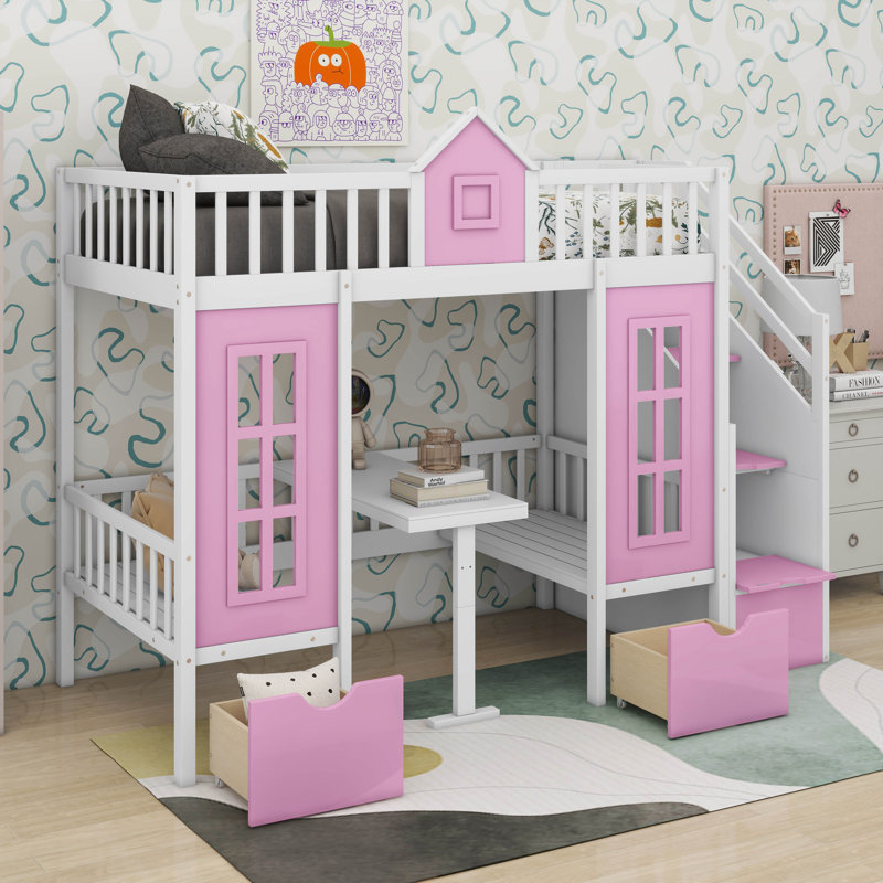 Lit superposé simple au-dessus d'un lit simple Adonya Kids, Rose