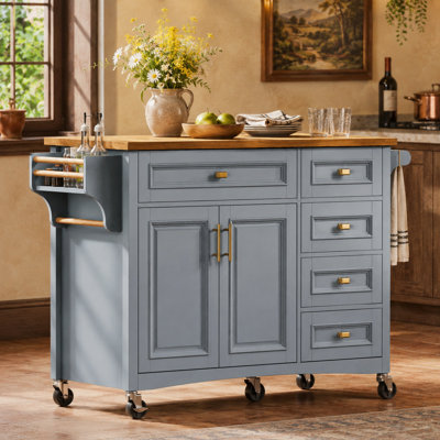Kavrell 52" Kitchen Island with Drop Leaf, Rolling Kitchen Cart with Oak Veneer Top, Embossed Doors, 5 Drawers, Adjustable Shelf, Spice Rack, Towel Ra
