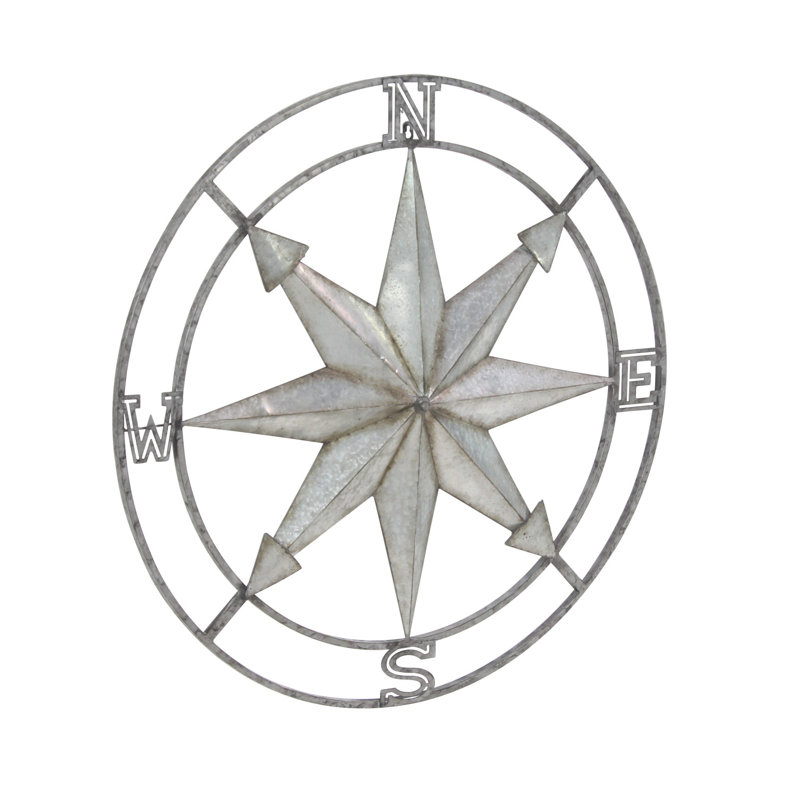 Silver and Copper Metal Compass Wall Sculpture, 35"